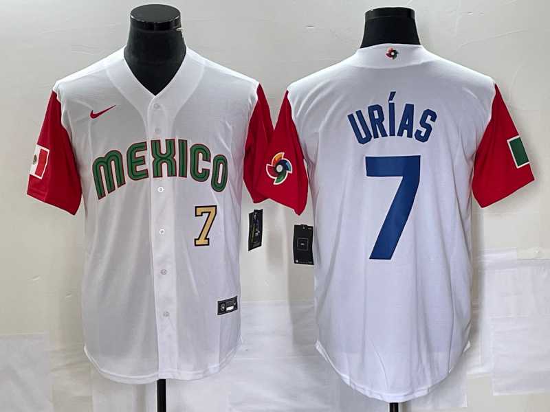 Men%27s Mexico Baseball #7 Julio Urias Number 2023 White Red World Classic Stitched Jersey2